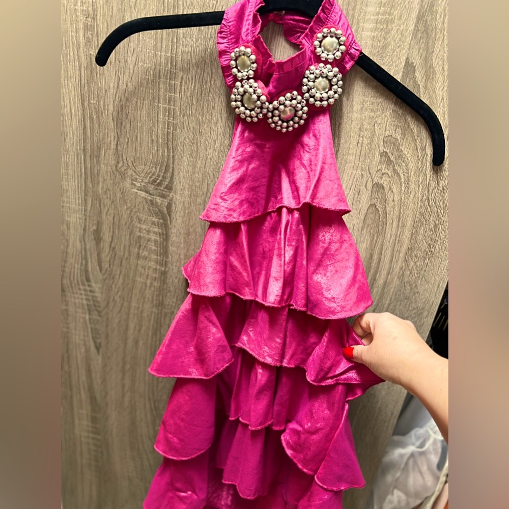 Ruffle halter top in Fuchsia  color with silver beaded flower around neck